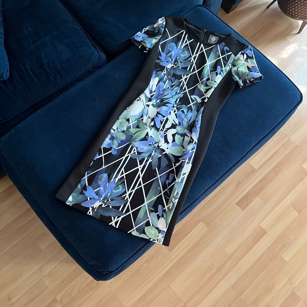 Vince Camuto Blue and Black Geometric Floral Midi Dress